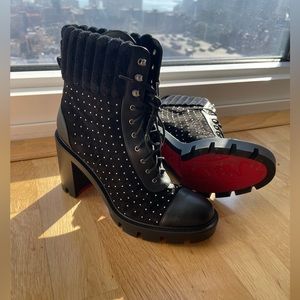 Christian Louboutin Dakita Lug Black Suede Studded lace Ankle Booties